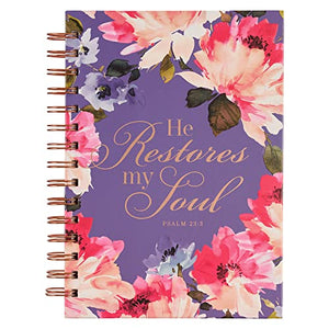 Christian Art Gifts Journal W/Scripture for Women He Restores My Soul Psalm 23:3 Bible Verse Pink Purple Floral 192 Ruled Pages, Large Hardcover Notebook, Wire Bound 